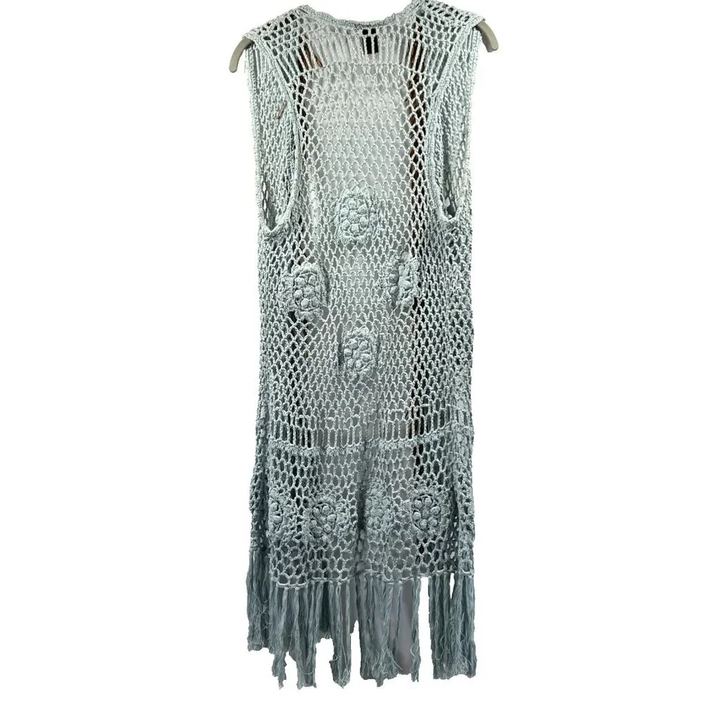 Croched Womens Hippie Vest Small Mint Green‎ Brown Fringe Long Festival Stretch